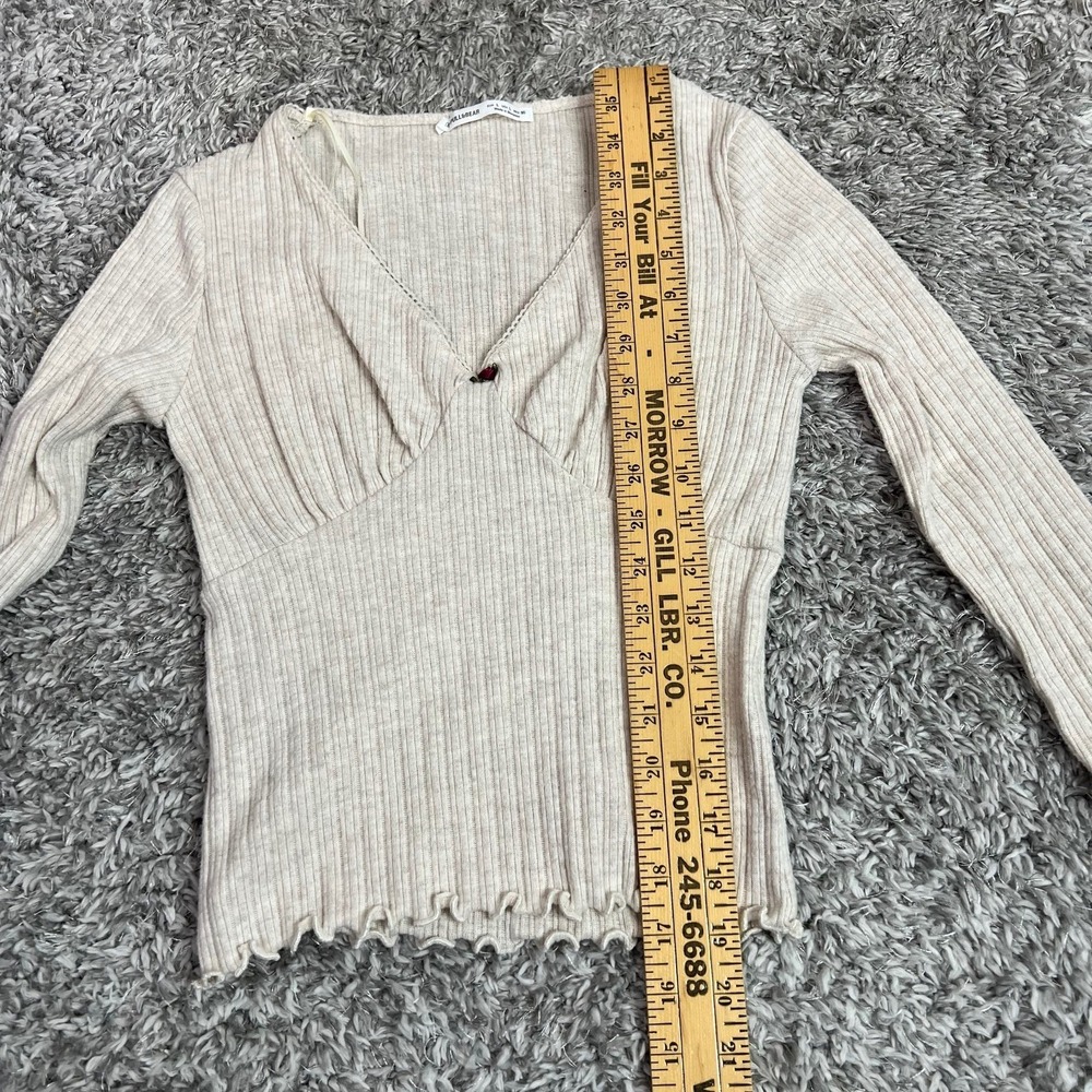 Pull & Bear Ribbed Beige S Top Lettuce Hem Long Sleeve Coquette Balletcore Rose - Picture 9 of 9